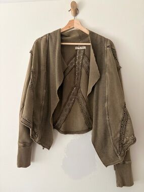 We The Free Lace Olive Cropped Tie-Front Jacket